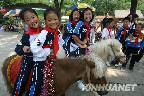  6月7日，在濟(jì)南動(dòng)物園，來(lái)自災(zāi)區(qū)的兩對(duì)雙胞胎姐妹丁雯（左一）、丁靜（左二）和陳方方（右一）、陳圓圓騎上美國(guó)小矮馬拍照。 當(dāng)日，在山東濟(jì)南師范學(xué)校過(guò)渡復(fù)學(xué)的340多名來(lái)自四川省北川縣擂鼓鎮(zhèn)的小學(xué)生到濟(jì)南動(dòng)物園免費(fèi)游園，度過(guò)了愉快的一天。