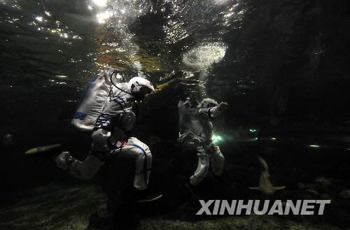9月28日，兩名“宇航員”正在水中表演。 當(dāng)日，太原市迎澤公園海底世界舉行“迎國慶水下航天科普活動”，向游客們展示宇航員日常在水槽中如何訓(xùn)練，在外太空失重的情況下如何行走、跳躍，讓游客們領(lǐng)略航天所帶來的神秘與驚奇。 新華社記者 燕雁 攝 