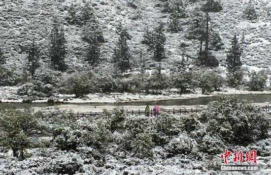 9月20日，受冷空氣影響，四川甘孜州稻城亞丁景區(qū)雪花飄舞，大霧彌漫，山峰披上白紗，銀裝素裹。正在景區(qū)內游玩的海內外游客紛紛用手機記錄雪景，并拍照留念。鐘欣 攝